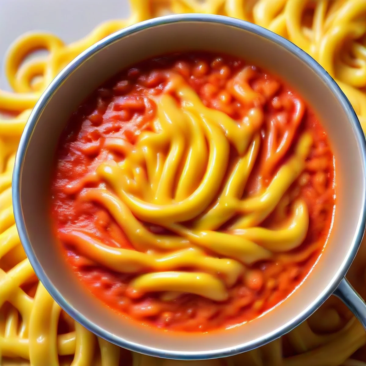 Close-up of creamy pasta sauce emulsifying perfectly with pasta water.