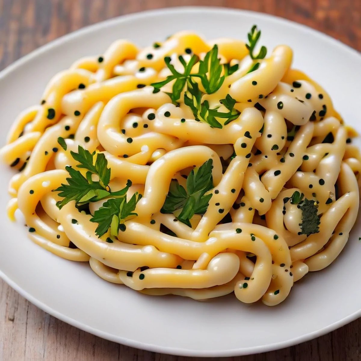 Close-up van perfect al dente pasta met een romige saus.