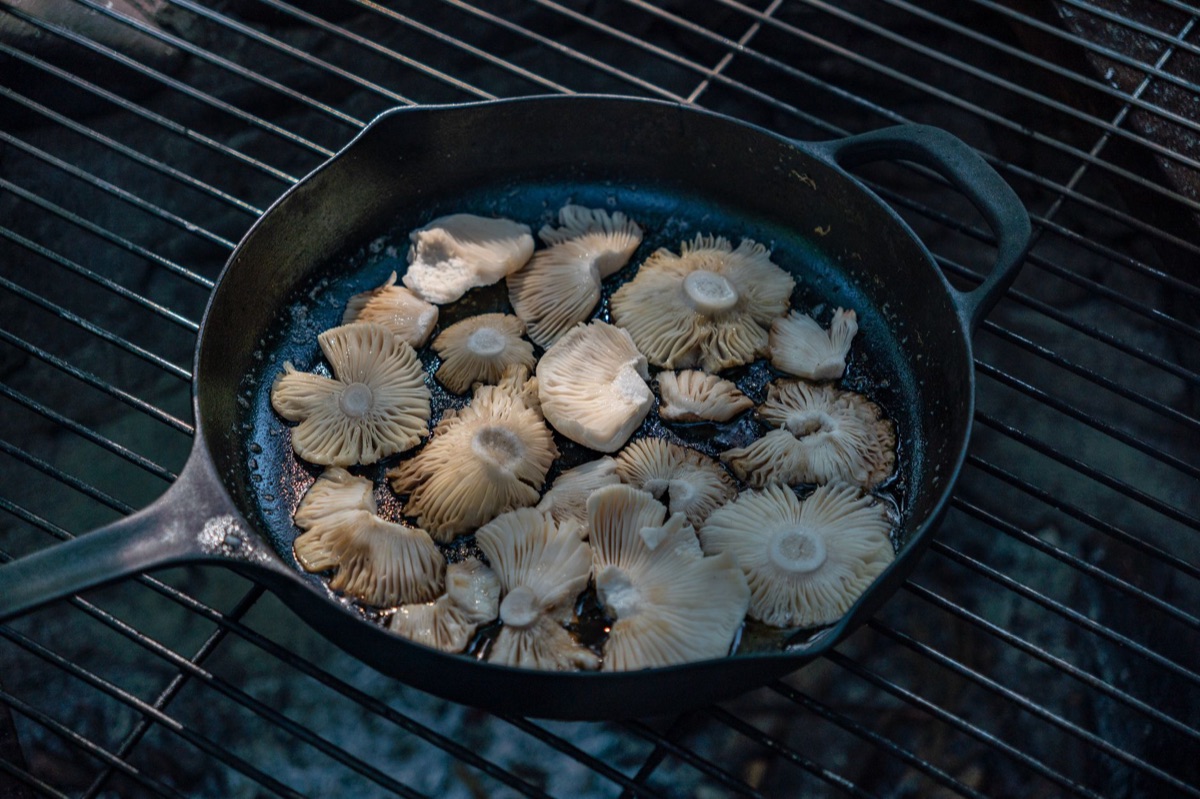 A seasoned cast iron skillet sitting on a stovetop ready for cooking.