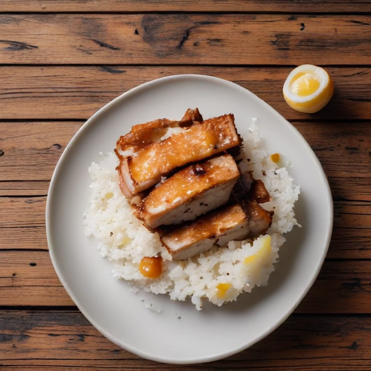 Top-down view of finished crispy pork belly meal