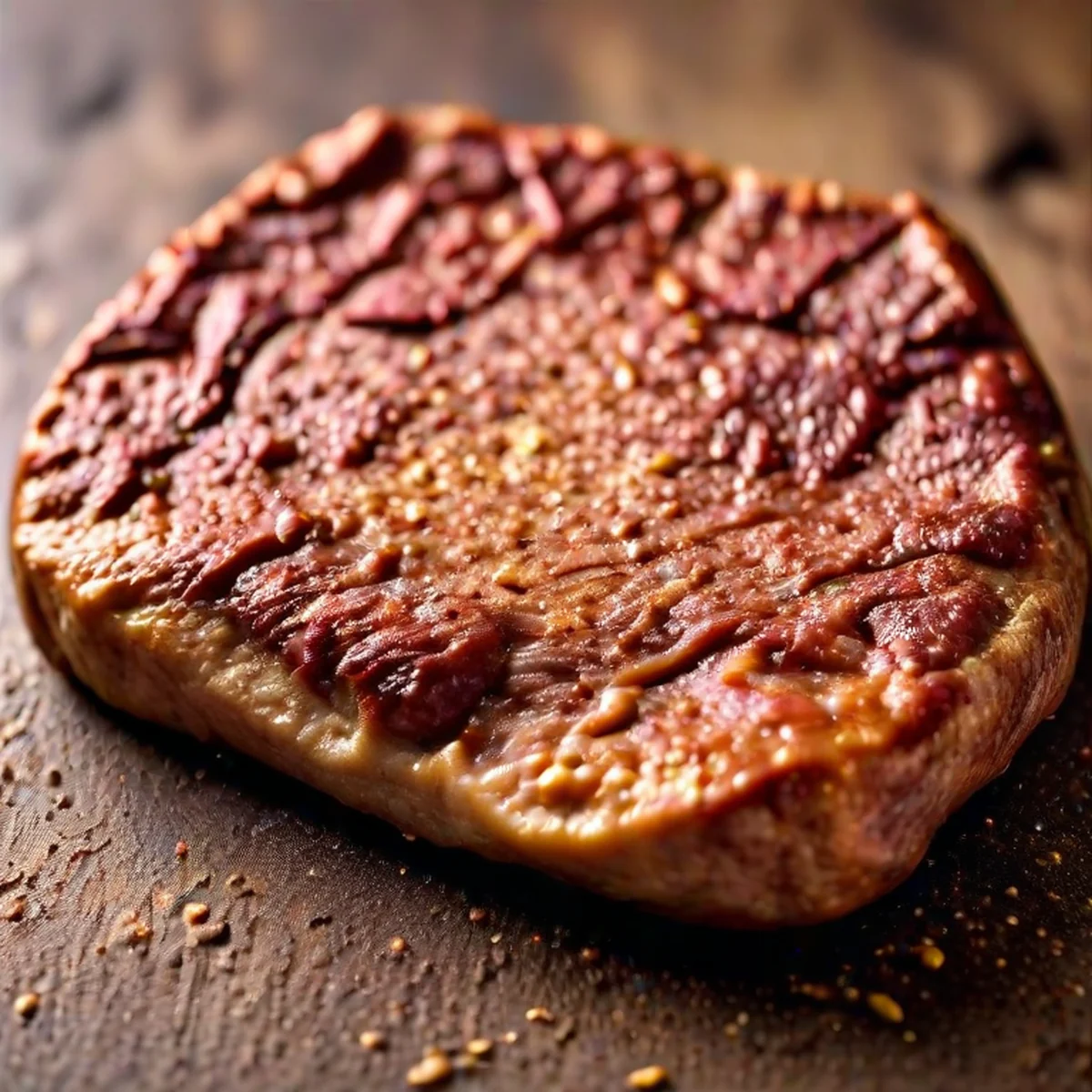 gros plan de la croûte caramélisée d'un steak parfaitement saisi